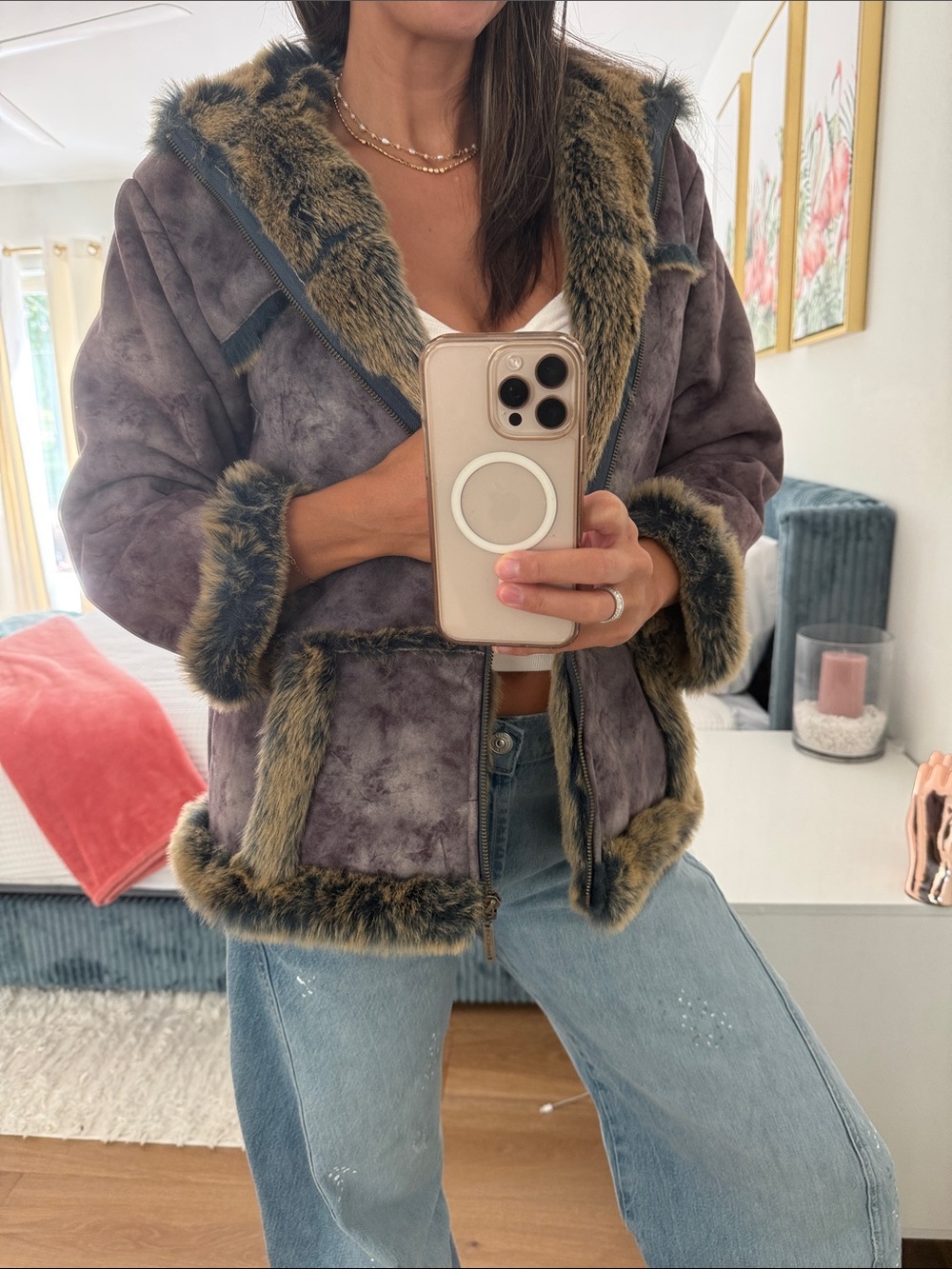 Wilsons Leather Y2K Purple Teddy Jacket with Faux Fur Trim